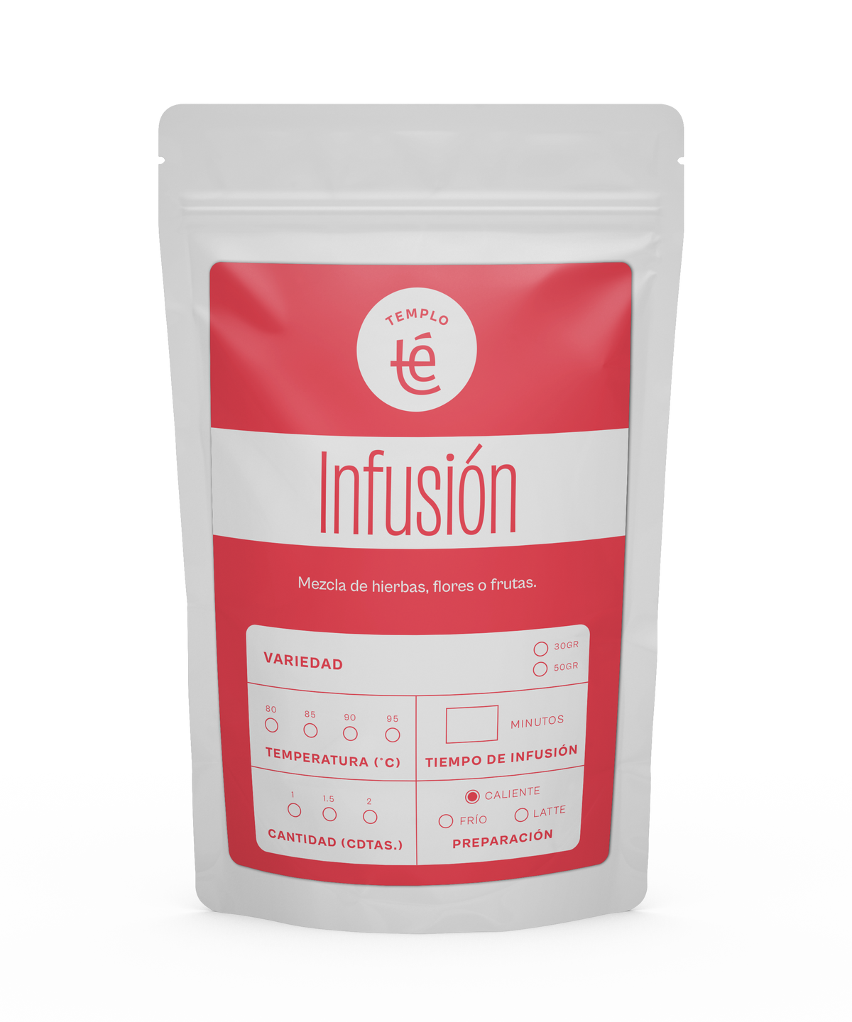 Bolsa de 30 o 50 gramos de infusión herbal o frutal en hebra.