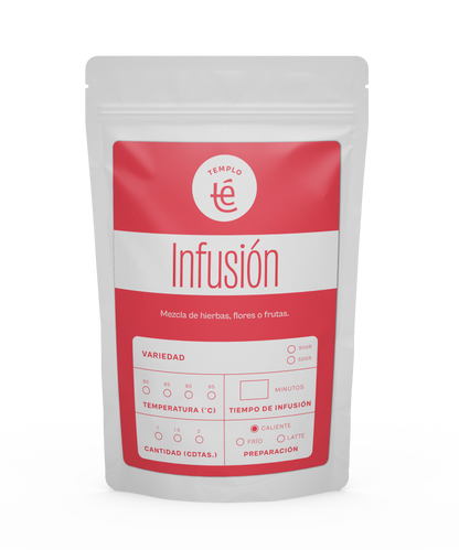 Bolsa de 30 o 50 gramos de infusión herbal o frutal en hebra.