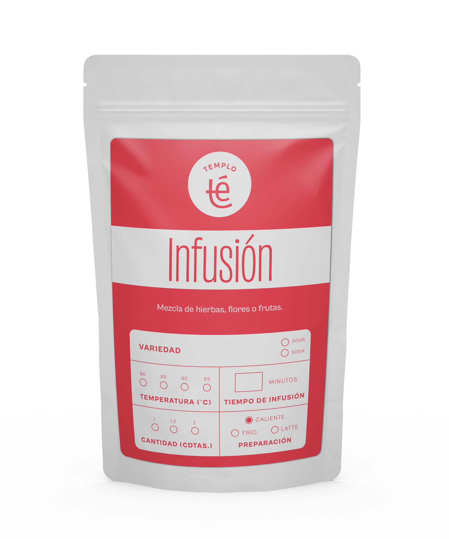 Bolsa de 30 o 50 gramos de infusión herbal o frutal en hebra.