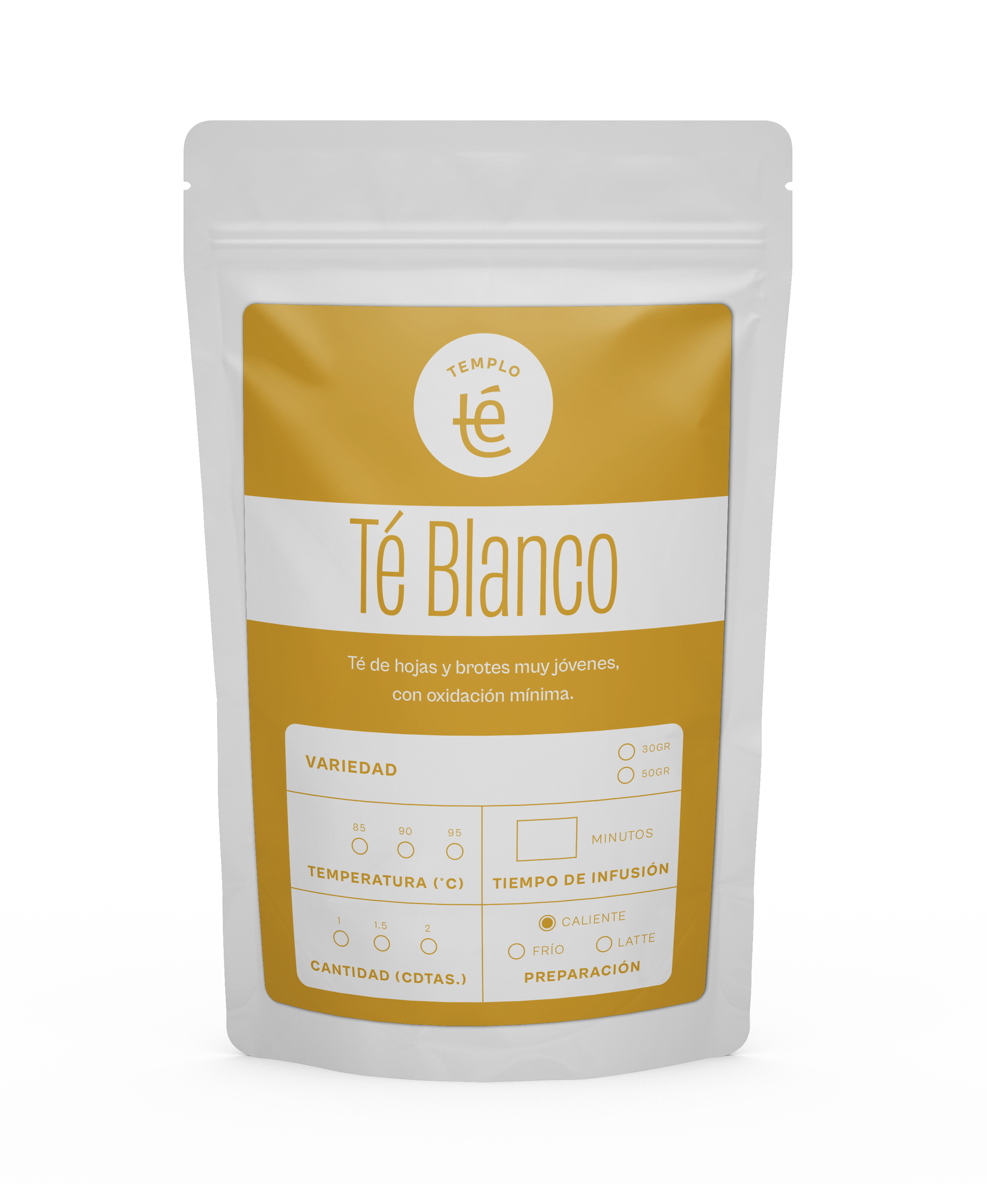 Bolsa de 30 o 50 gramos de té blanco en hebra.