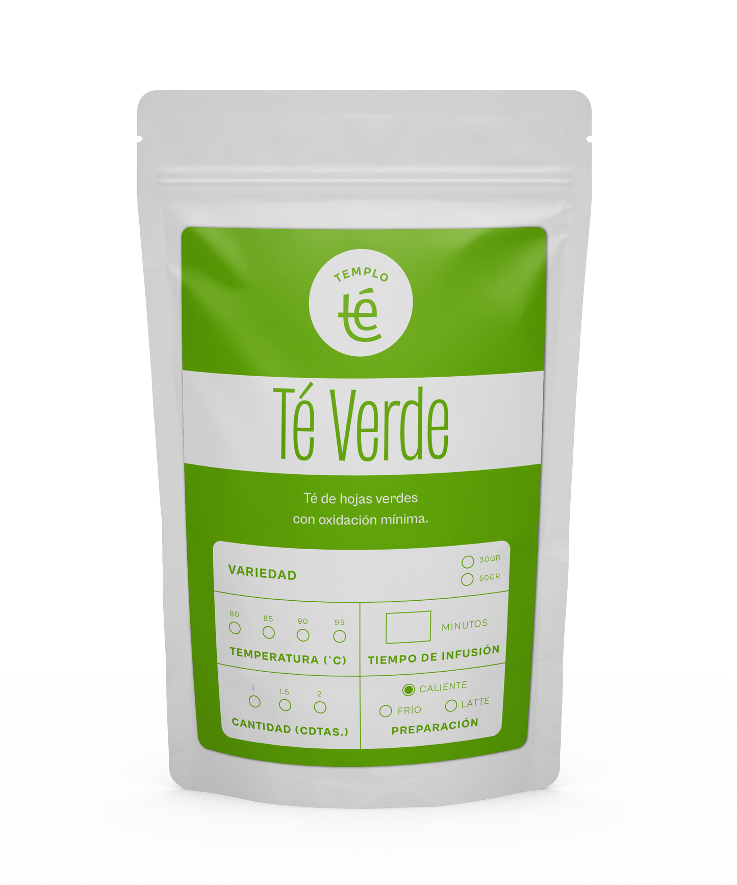 Bolsa de 30 o 50 gramos de té verde en hebra.