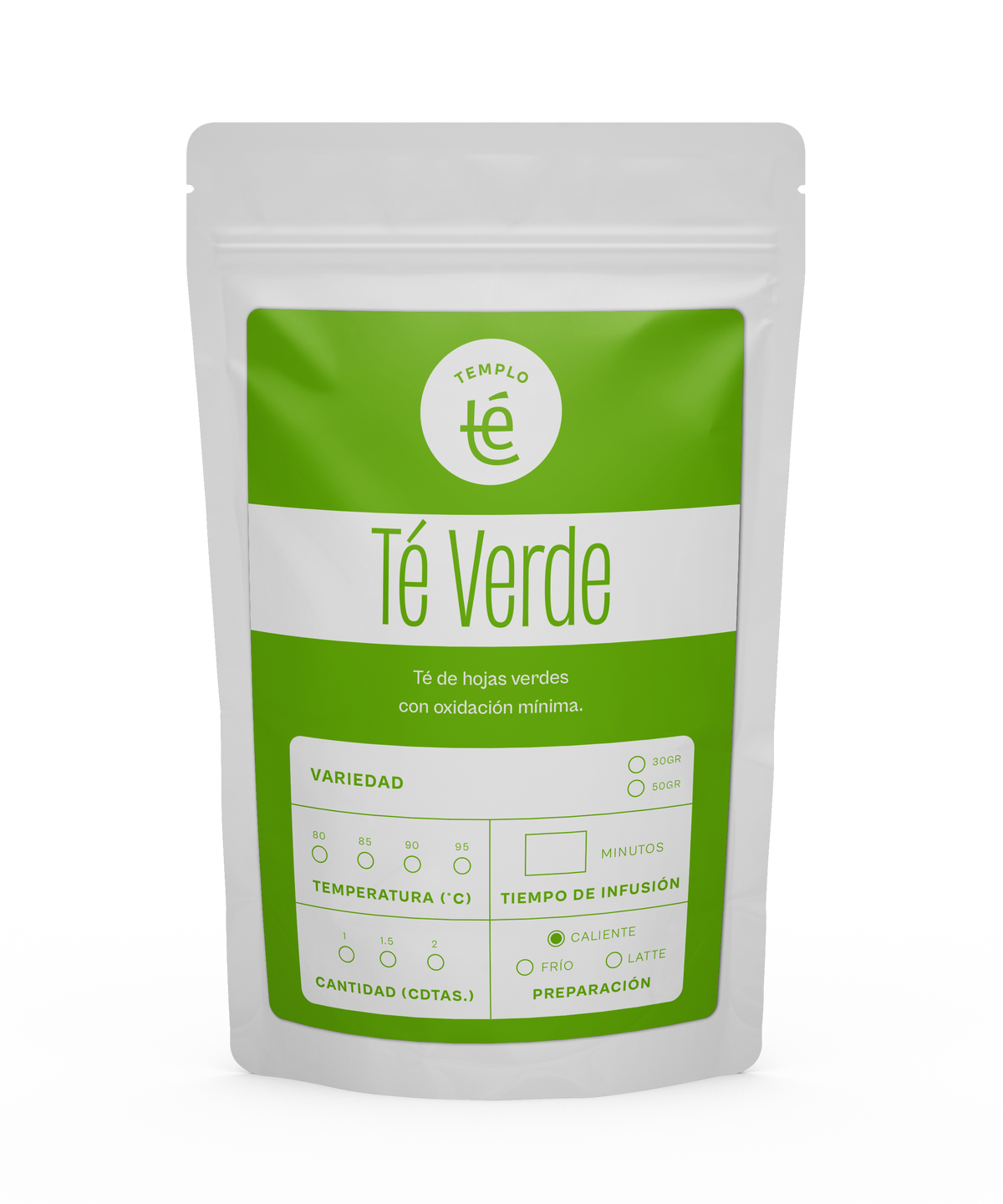 Bolsa de 30 o 50 gramos de té verde en hebra.